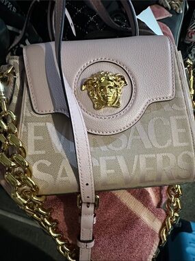 Versace Blush Pink Mini Top-Handle Bag with Gold Medusa Chain